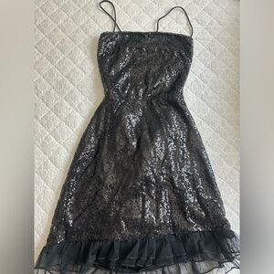 Formal, homecoming, dress, black, size 0, sequins, ruffles, “lucy in the sky”.